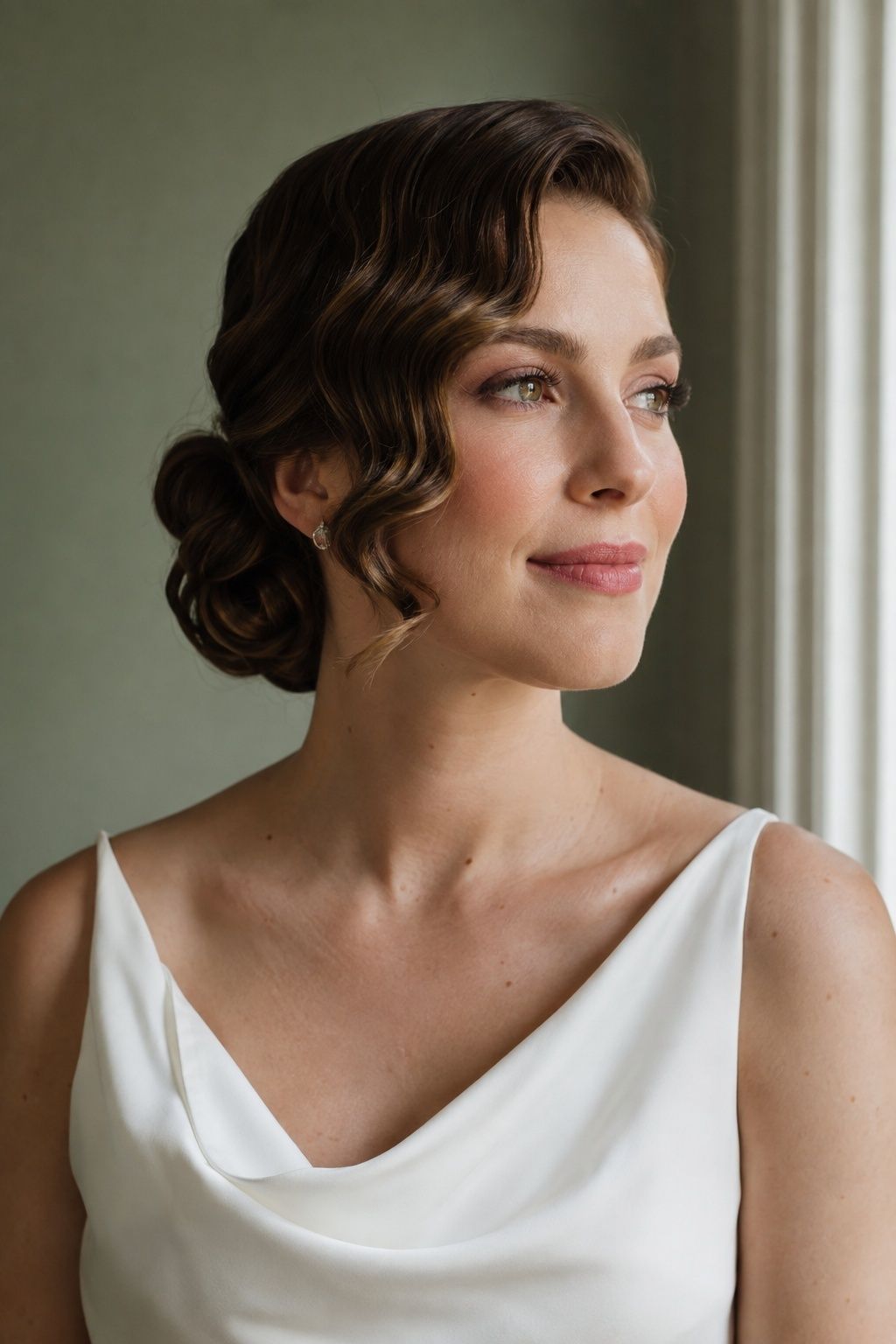 Soft chestnut finger waves curve into a low bridal bun.