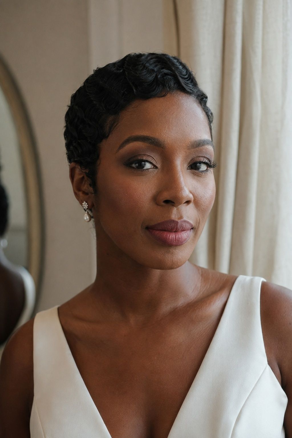 Modern Gatsby bridal makeup with satin skin, taupe eyes and a rose lip.