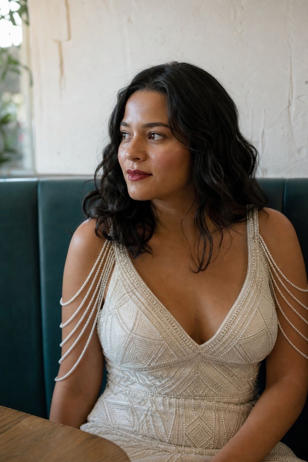 An ivory beaded wedding dress paired with understated makeup and a brick lip.
