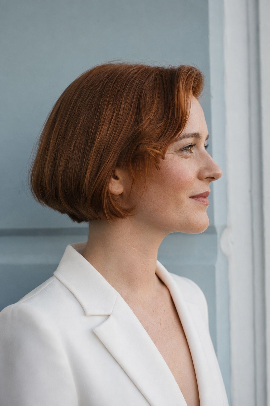 A copper-red bridal bob with softly curved ends and a forehead wave.