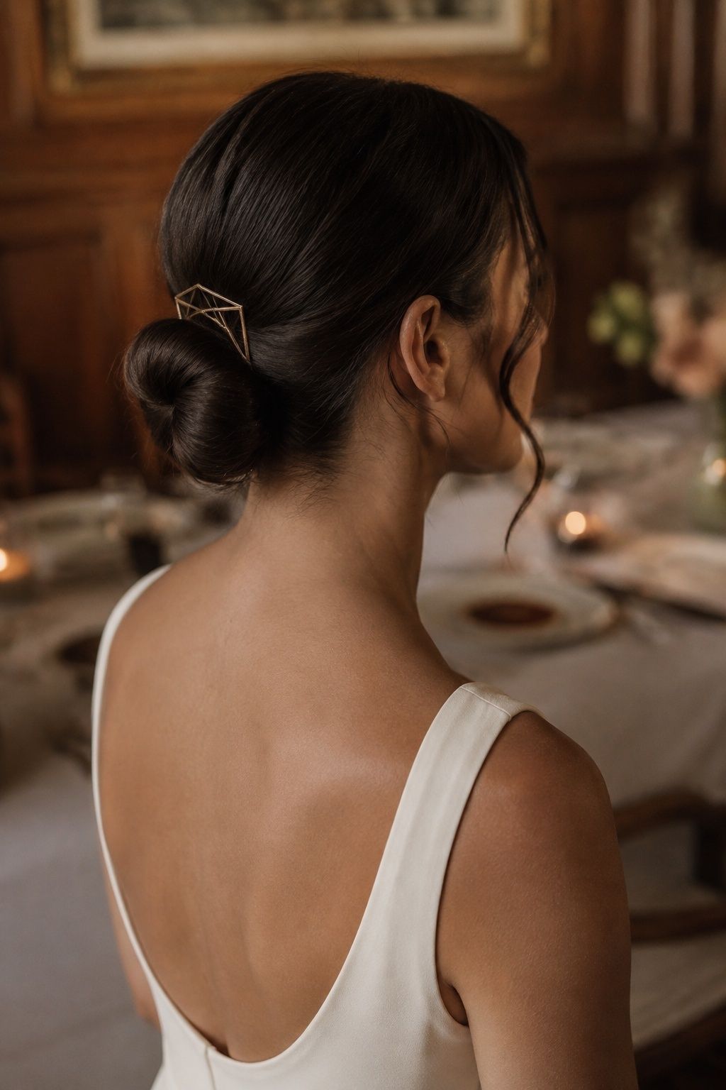 A low bridal chignon secured with a narrow geometric gold comb.