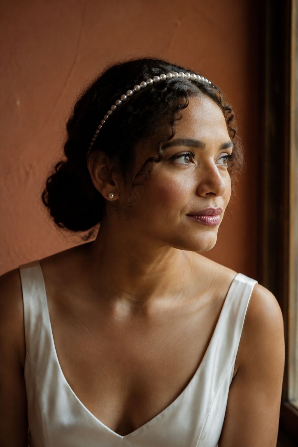 A slim pearl headband paired with satin skin and a rose lip.