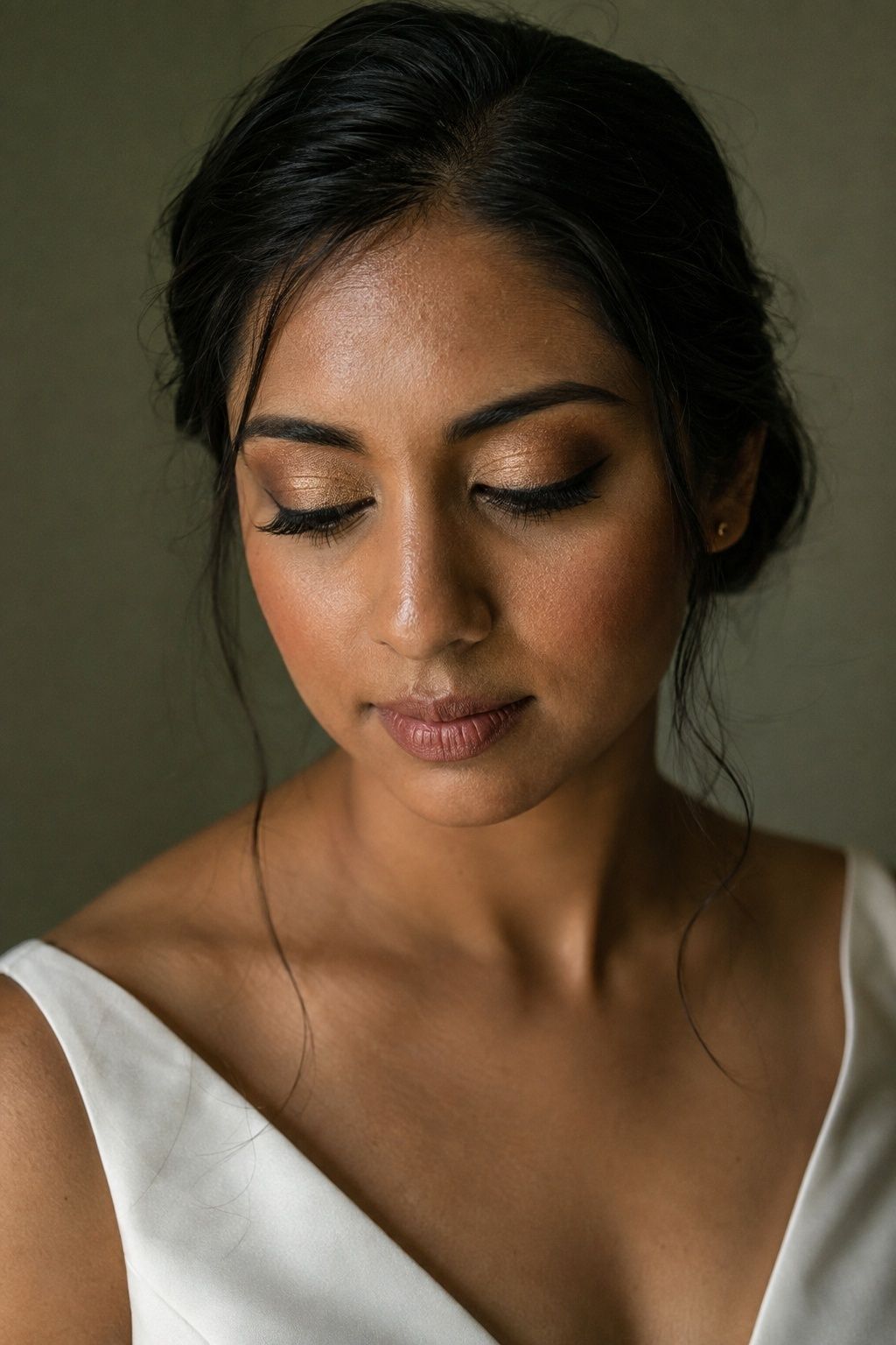 Champagne-gold bridal eyeshadow with softly defined brown lash lines.