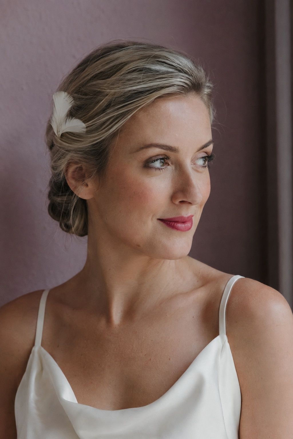A small ivory feather comb tucked into softly swept bridal hair.
