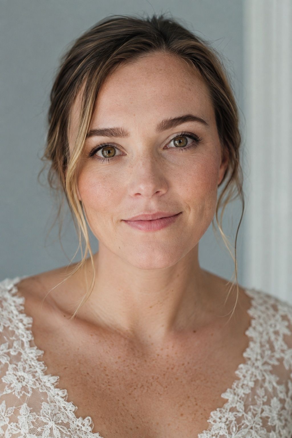 Softly groomed bridal brows and gently framed hazel eyes.