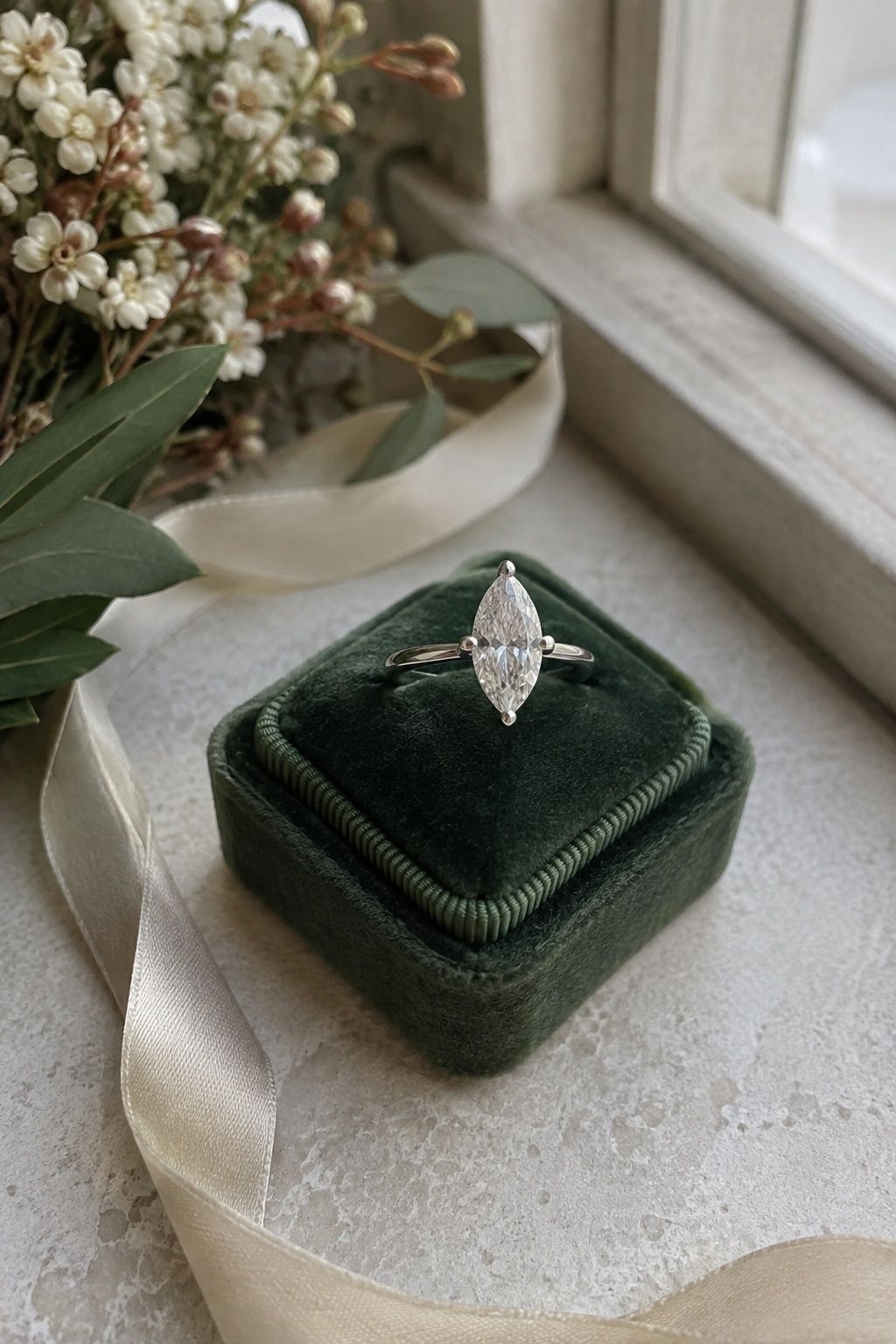 Marquise diamond ring with slim shoulders in a 1950s style