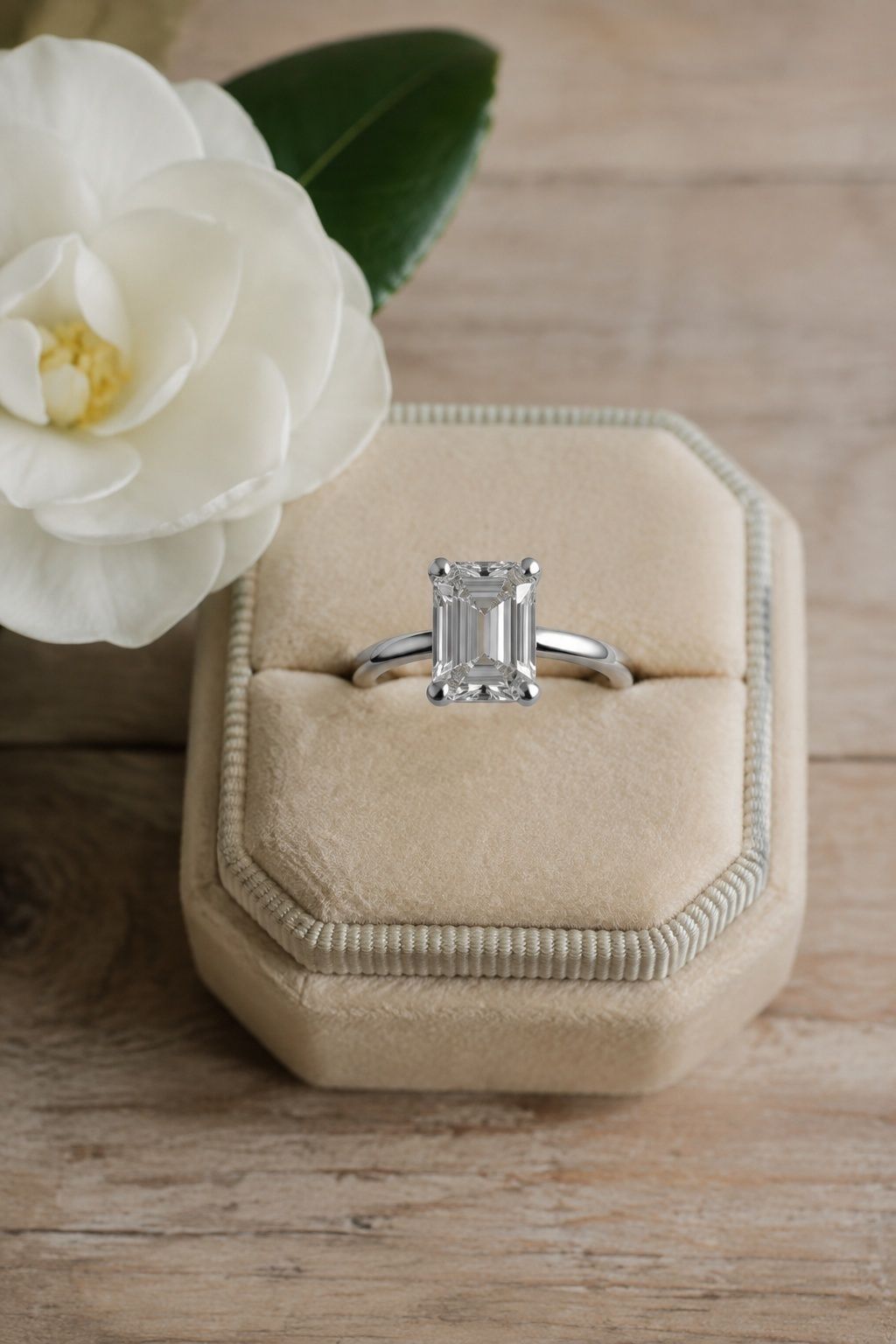Emerald cut diamond on a clean, simple band