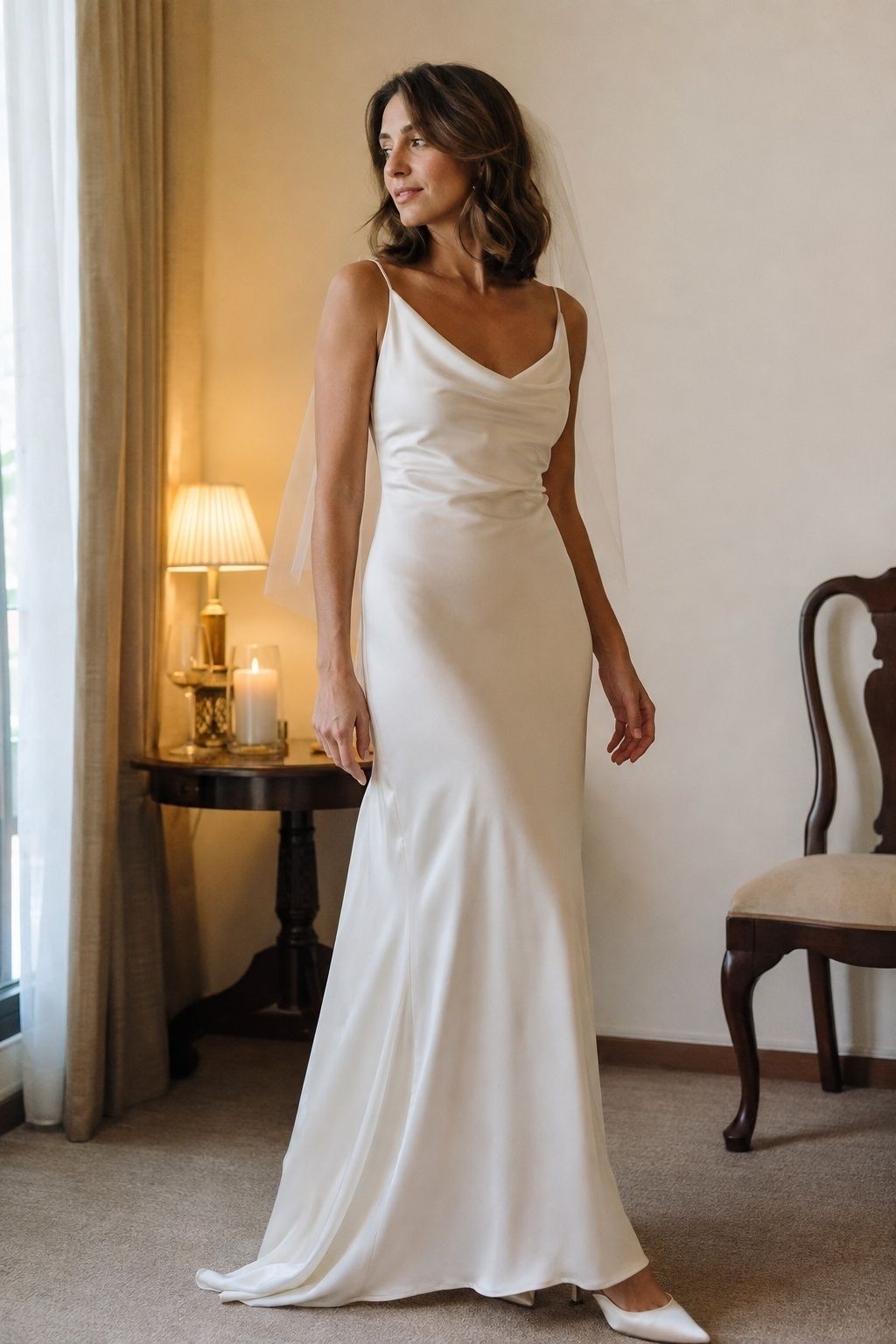 Bride in a bias-cut satin wedding dress with a soft cowl neckline