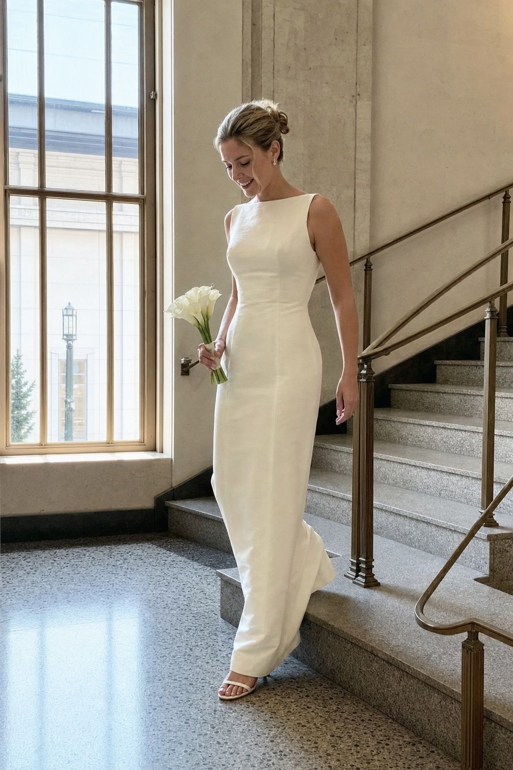 Bride in a minimal ivory column wedding dress on town hall stairs