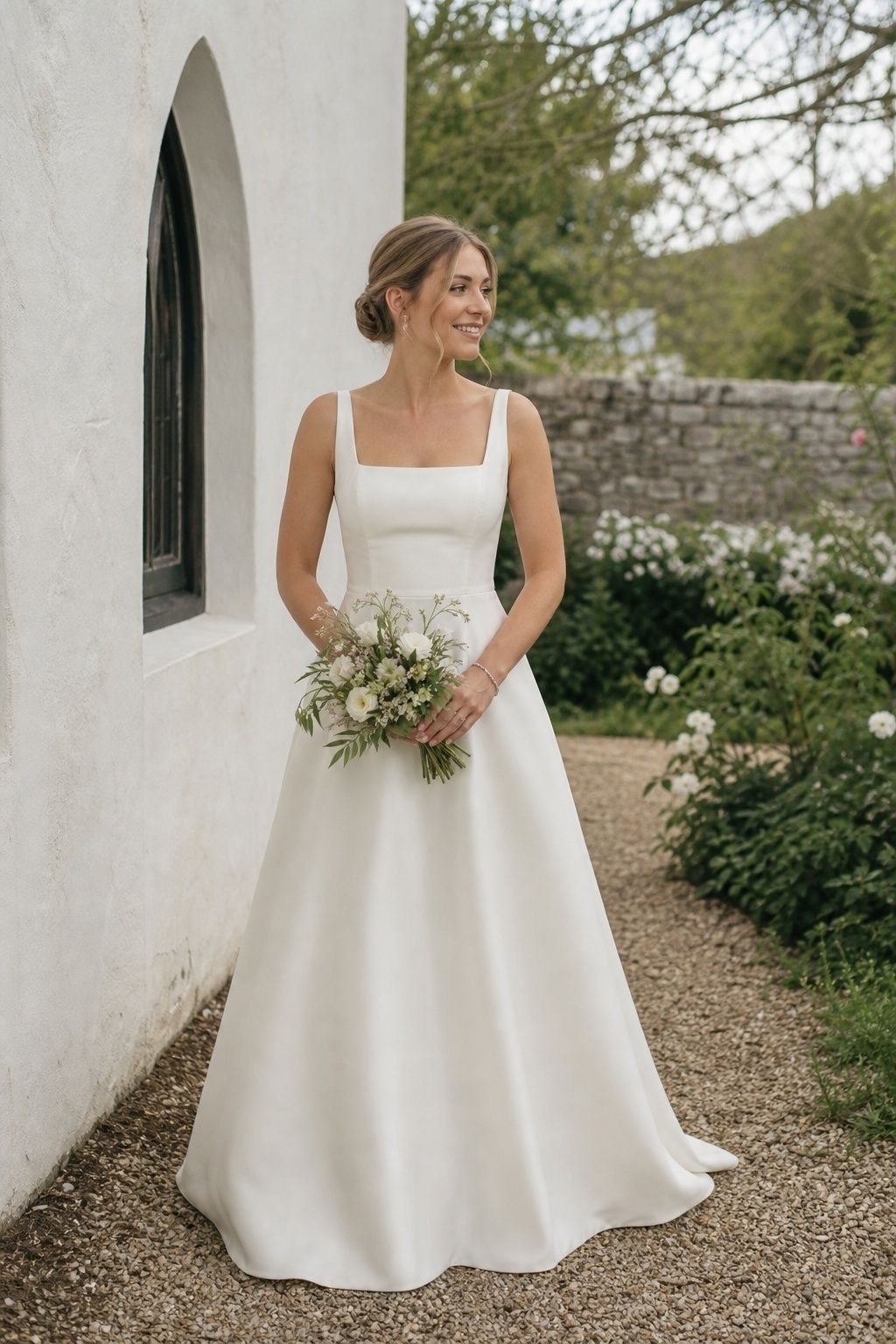 Bride in a square neck wedding dress with a clean fitted bodice