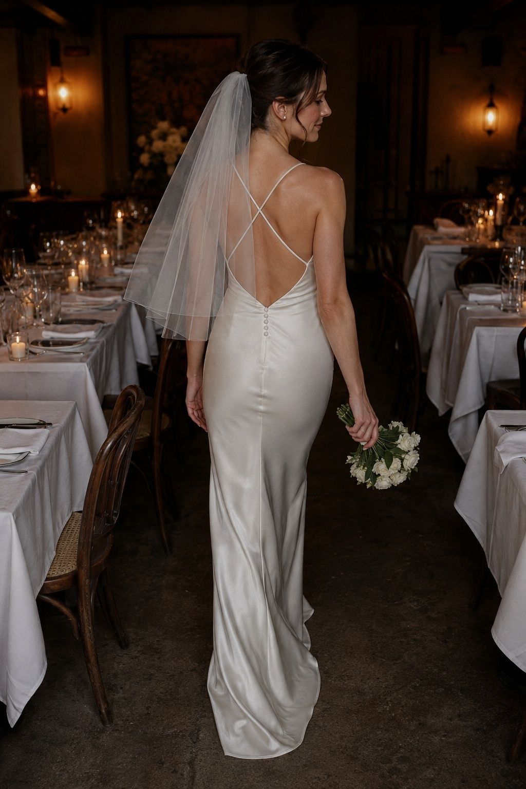 Bride wearing a backless satin sheath wedding dress at an intimate reception