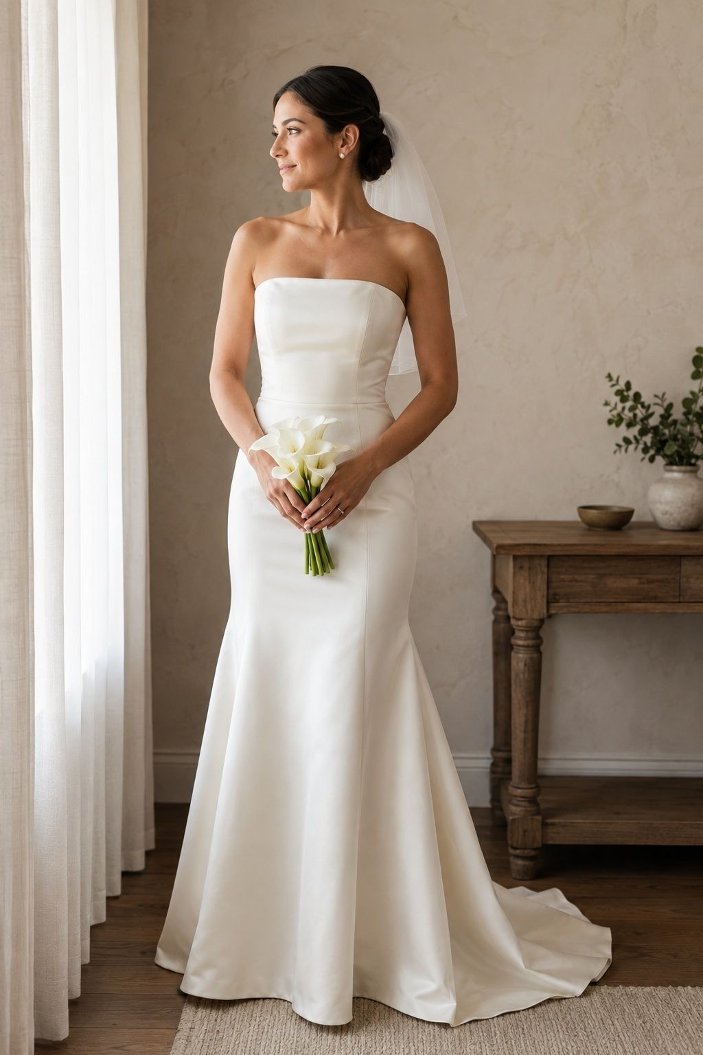 Bride in a strapless satin wedding dress with a straight neckline