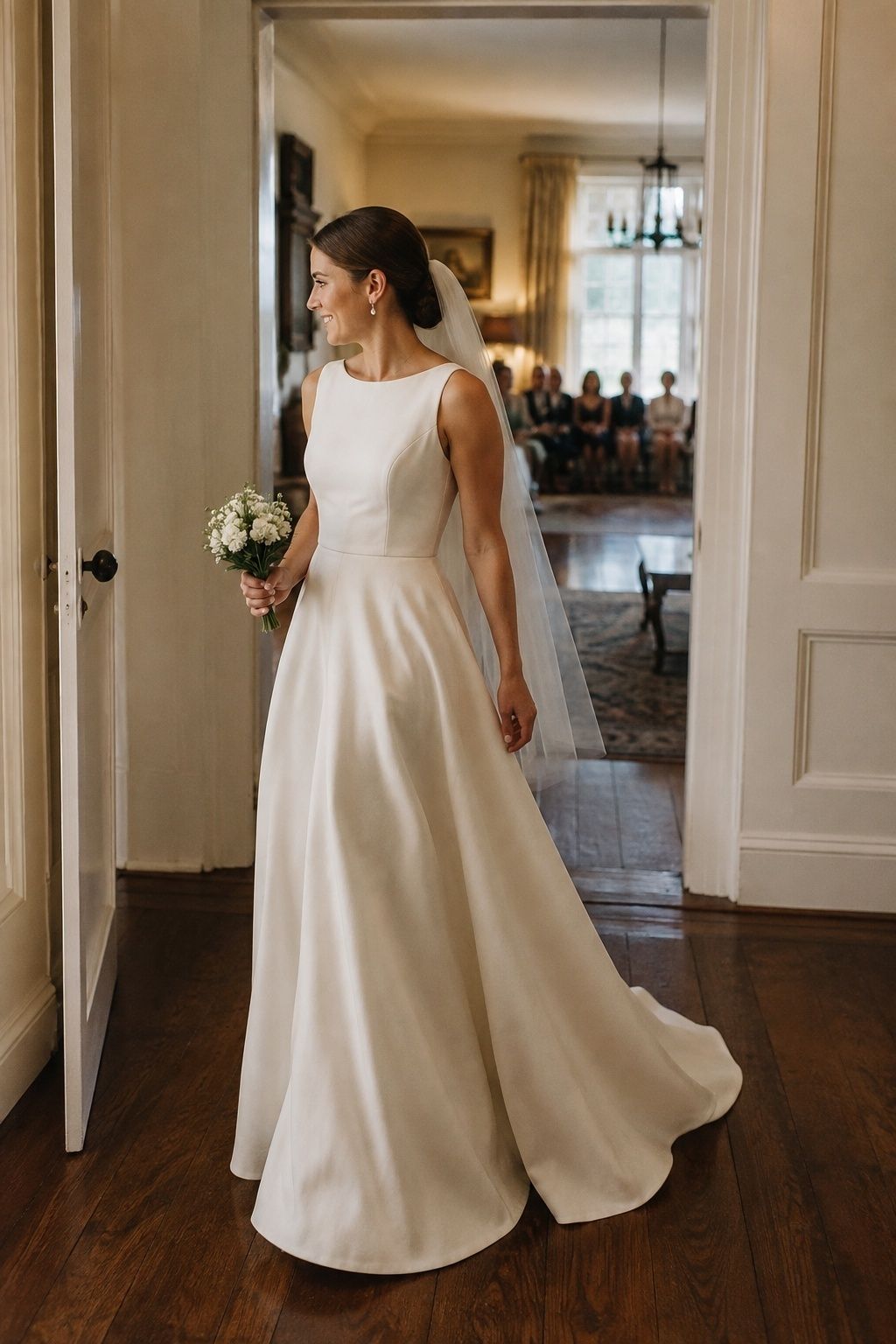 Bride moving comfortably in a clean 1990s style A-line wedding dress