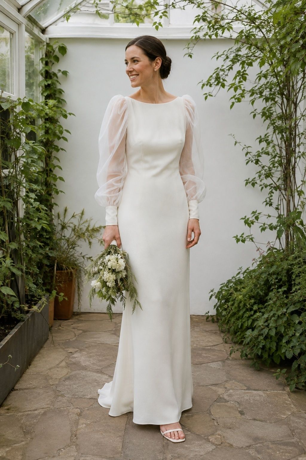 Bride in a wedding dress with softened sheer puff sleeves