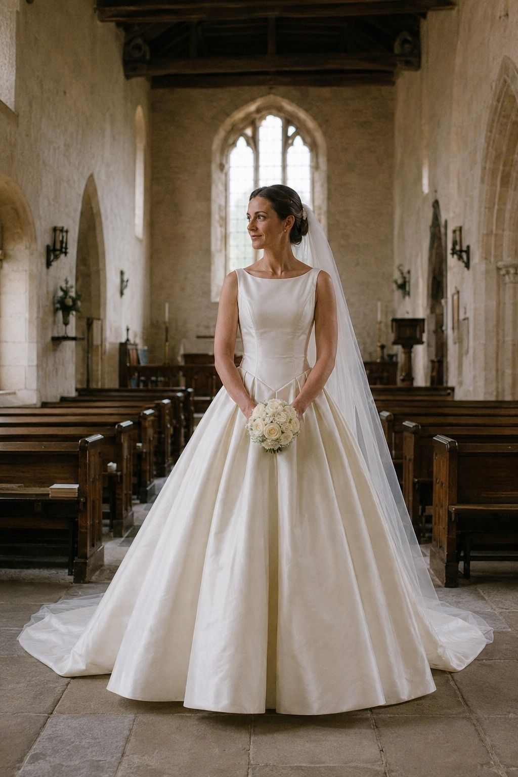 Bride in a clean styled 1990s princess silhouette wedding dress