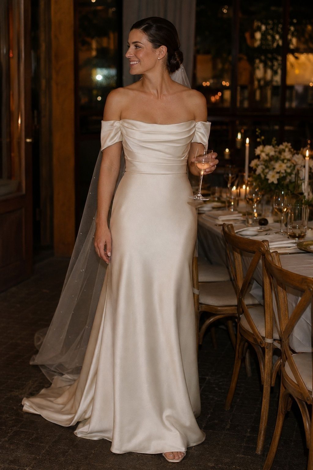 Bride in an off-shoulder satin wedding dress lifting a glass at dinner