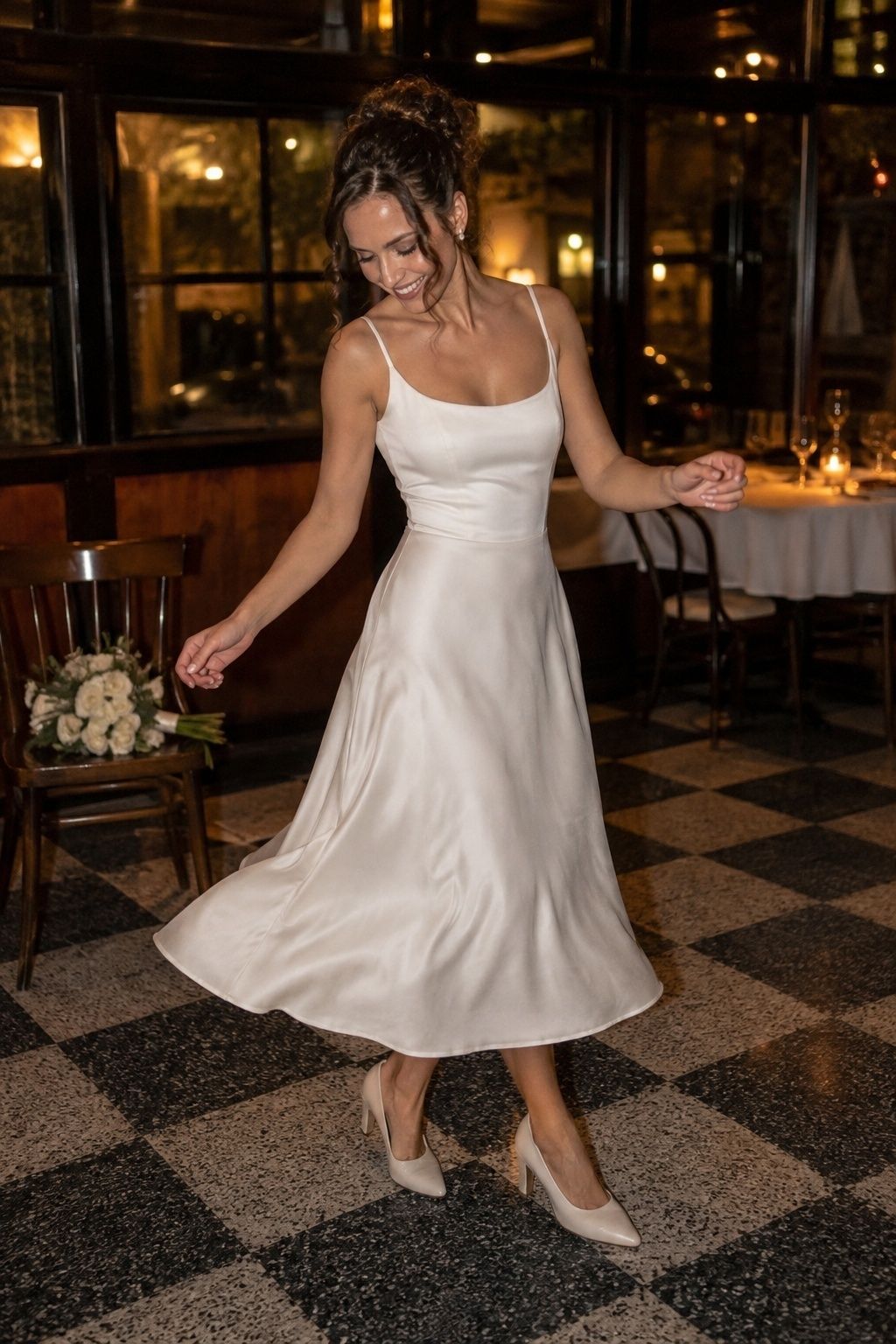 Bride dancing in a tea-length satin reception wedding dress with a 1990s mood