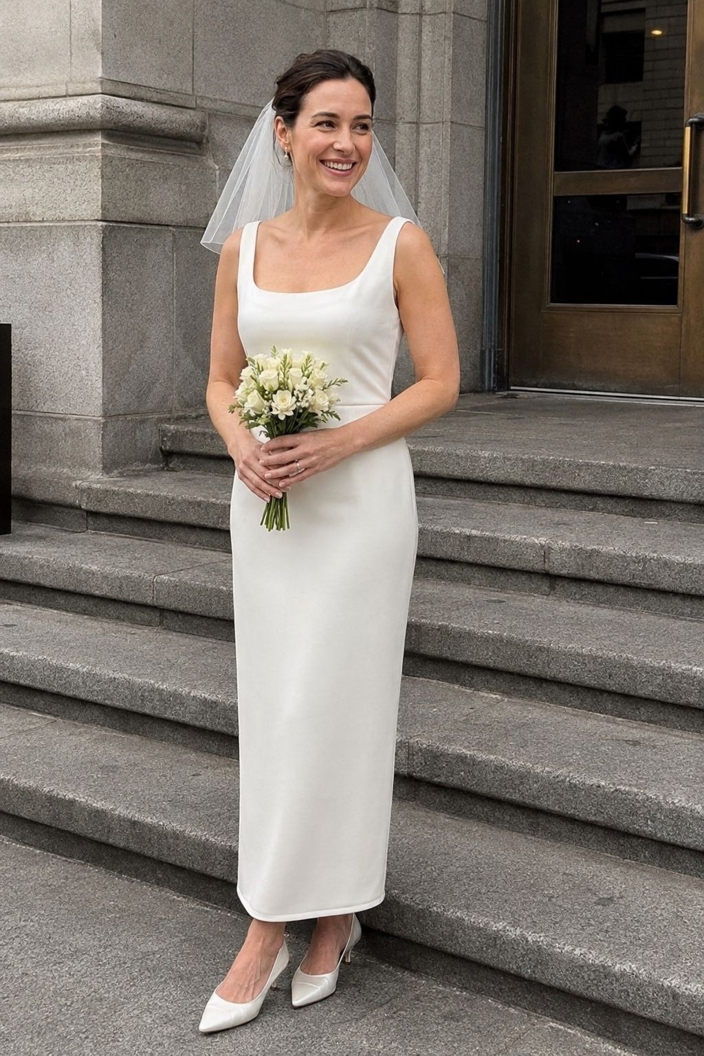 Bride in a minimal courthouse wedding dress with a short veil