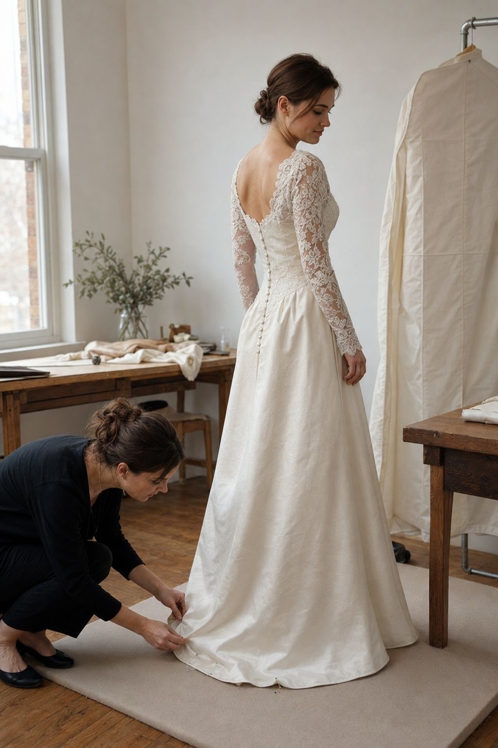 Bride having a vintage 1990s wedding dress tailored in a bridal studio