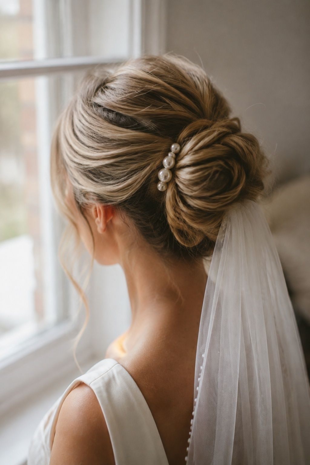 Bridal hair with pearl clips and soft retro volume