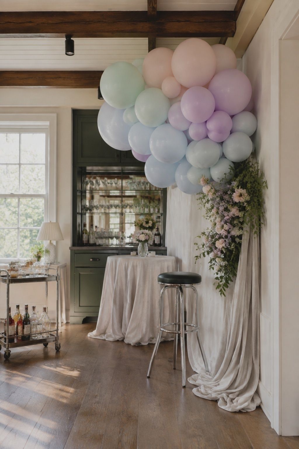 Minimal pastel balloon installation at the reception