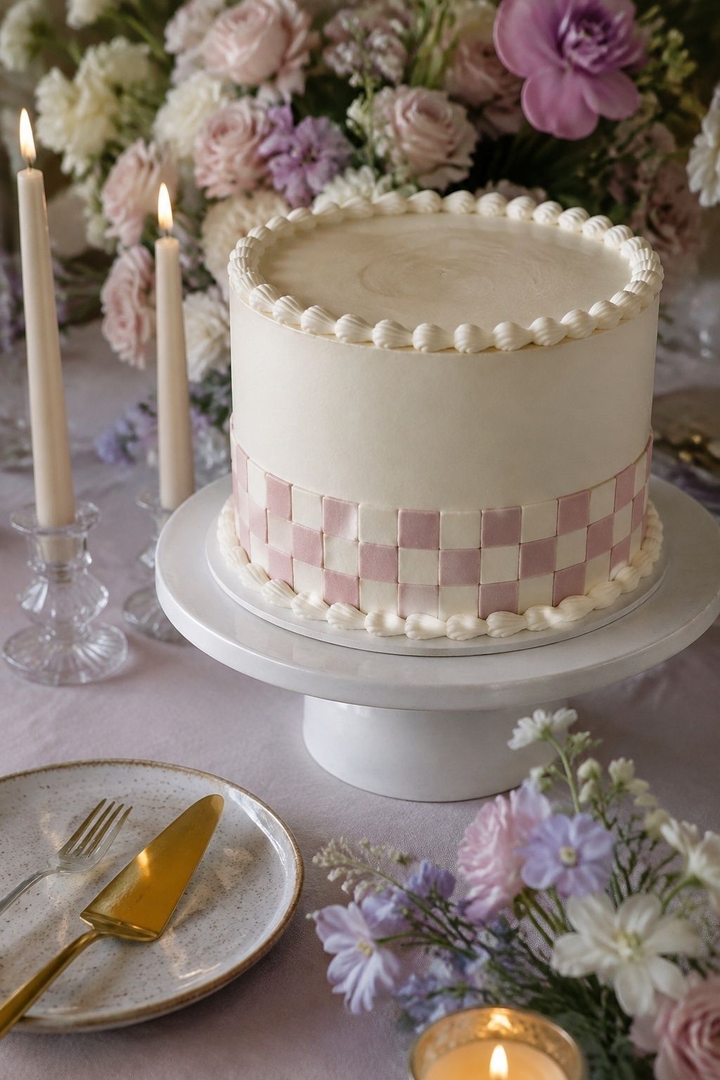 Pastel checkerboard detail on a wedding cake