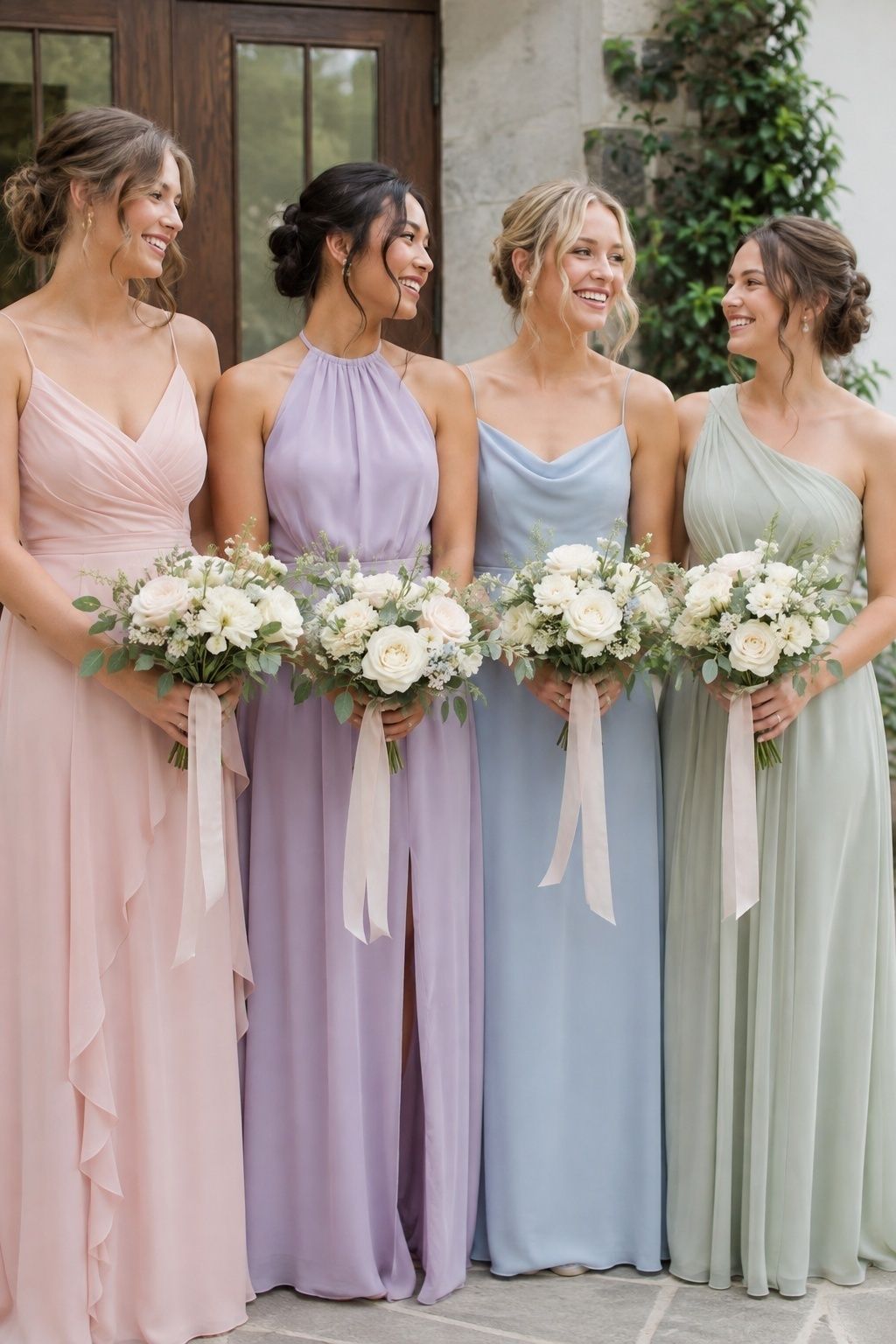 Bridesmaids in pastel dresses of mixed tones