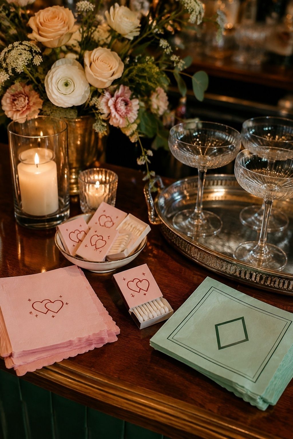 Retro matchbooks and cocktail napkins at the wedding bar