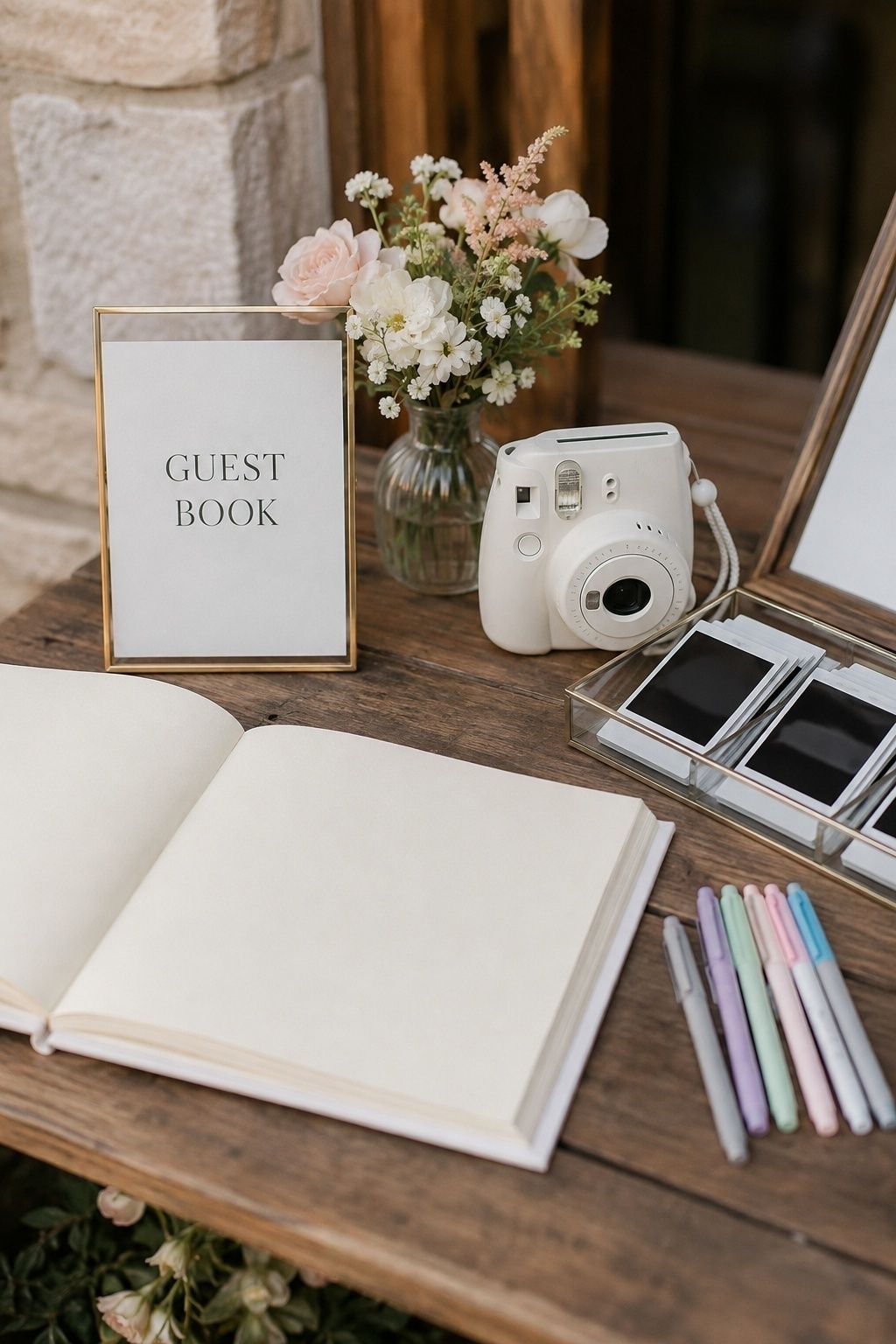 Polaroid guest book table with instant photos