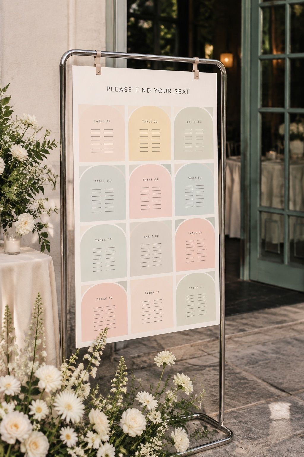 Pastel seating chart with clean, simple lines