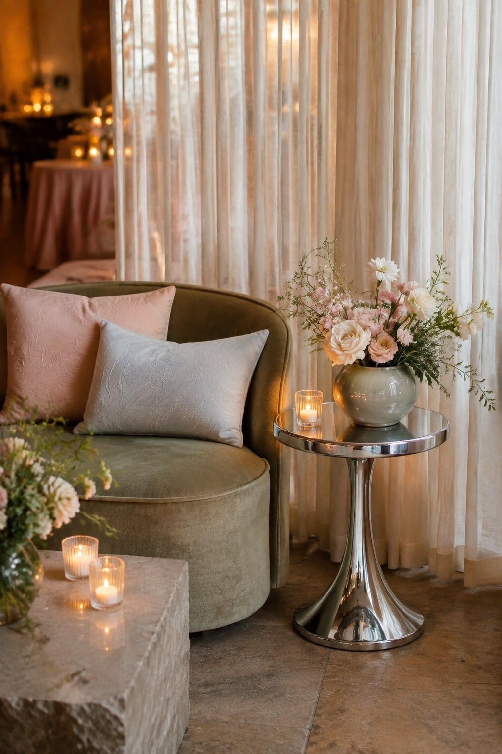 Tiny pastel lounge corner with retro seating