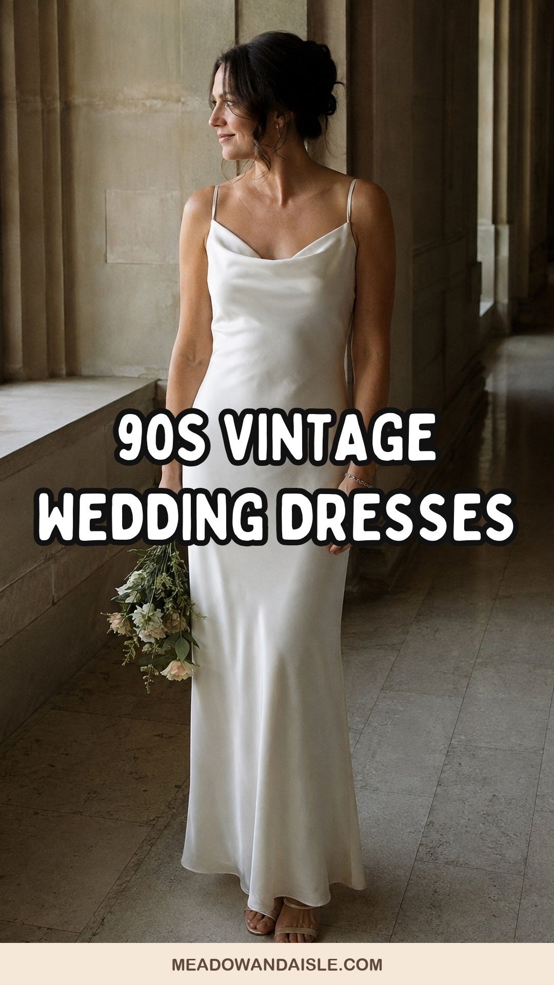 90s vintage wedding dress ideas Pinterest pin with a silk slip bride