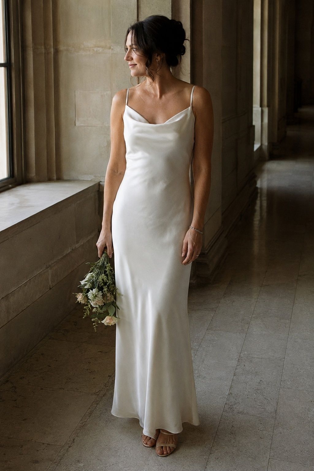 Bride in a bias-cut 1990s ivory silk slip wedding dress in a stone courthouse corridor