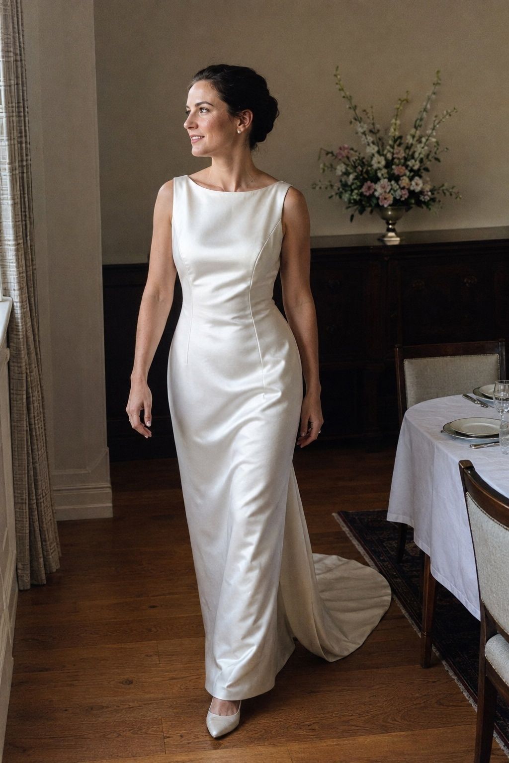 Bride in a heavy-satin 1990s column wedding dress in a small private dining room