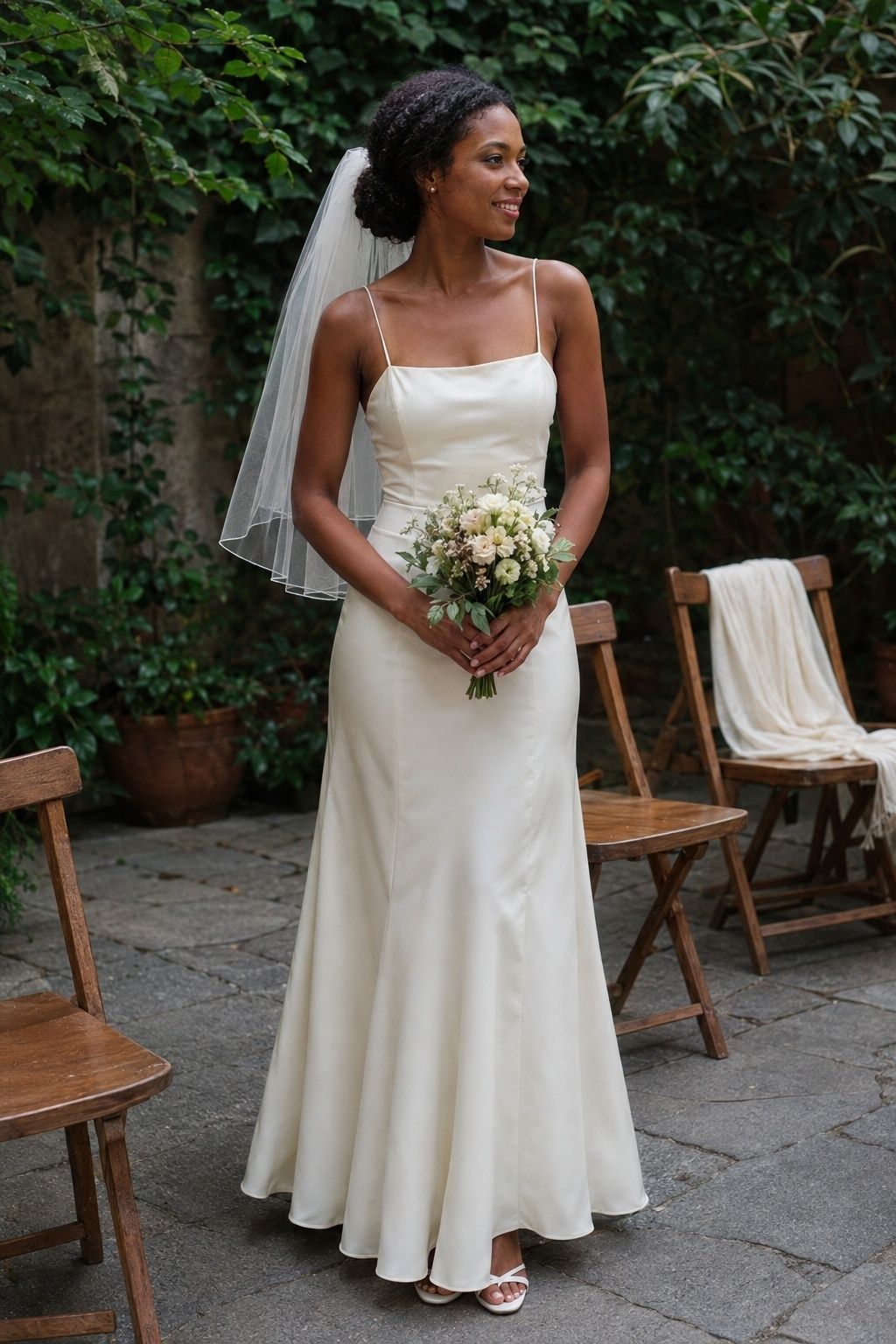 Garden bride in a straight-neck 1990s wedding gown with narrow spaghetti straps and plain veil