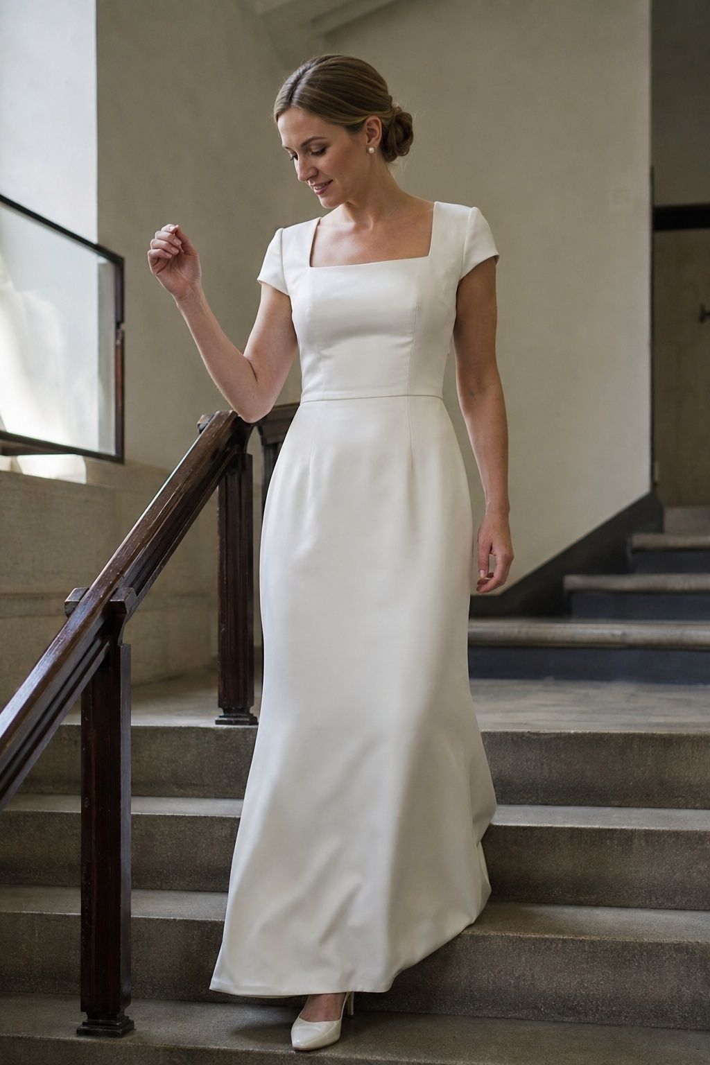 Bride in a square-neck 1990s vintage wedding dress with cap sleeves and satin heels