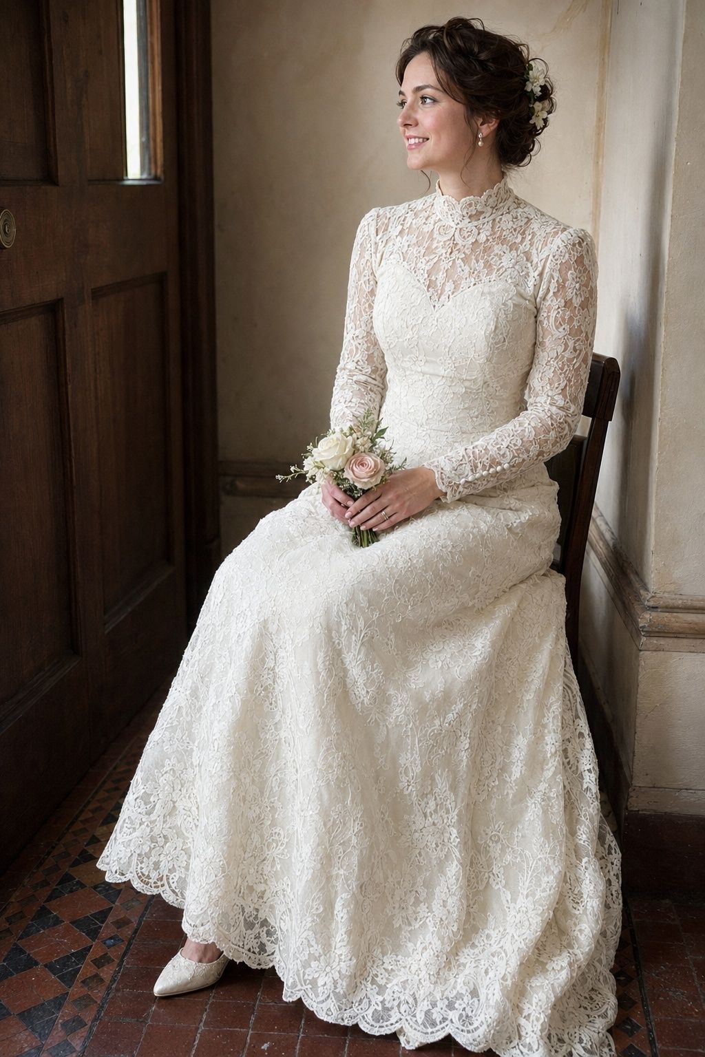 Seated bride in a preserved high-neck long-sleeve 1990s lace wedding gown