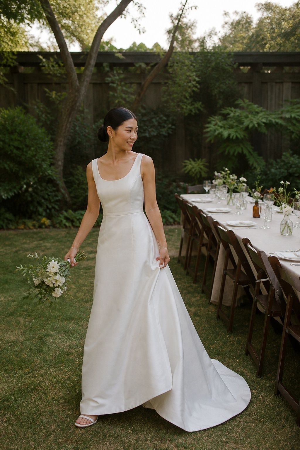 Bride in a soft scoop-neck 1990s A-line wedding gown beside a backyard reception table