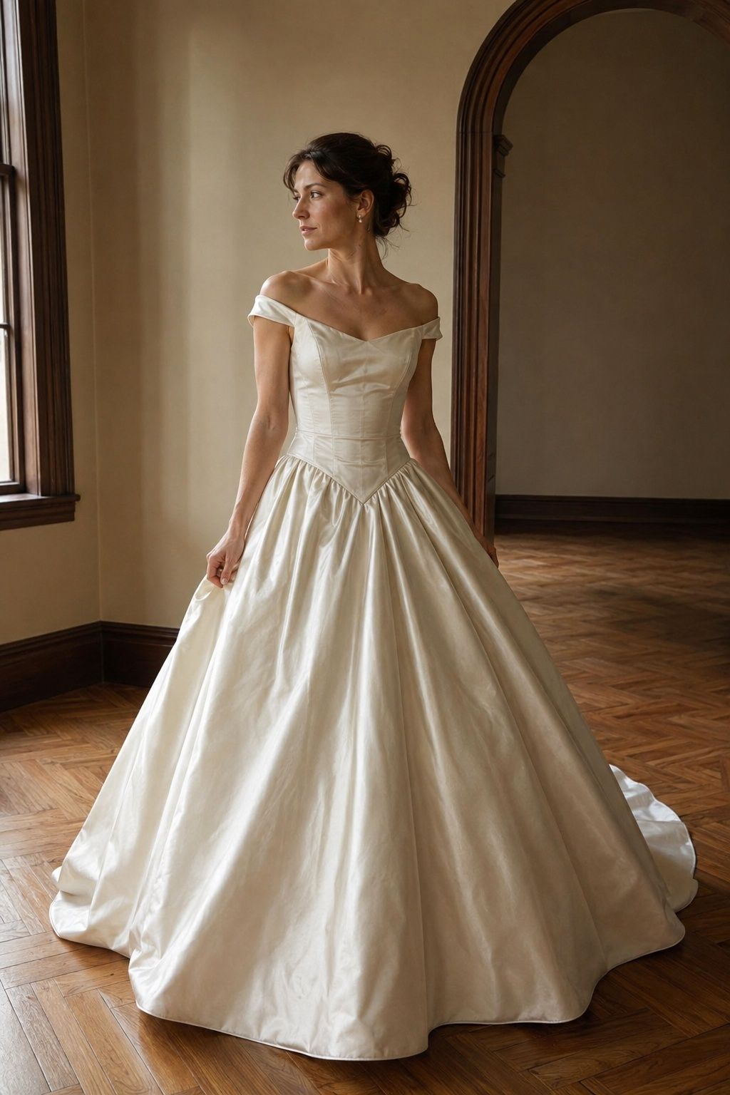 Bride in an updated 1990s princess wedding gown with basque waist and full satin skirt
