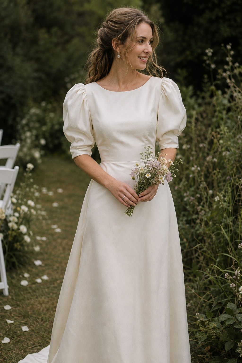 Bride with soft hair and a small bouquet in a 1990s puff-sleeve wedding dress