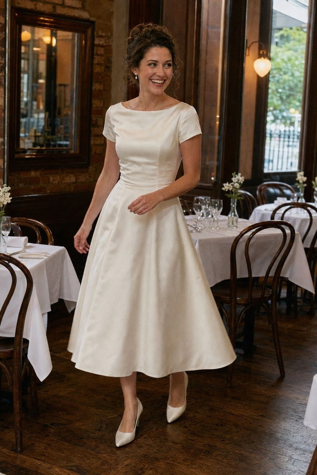 Bride in a bateau-neck 1990s tea-length reception dress walking between restaurant tables