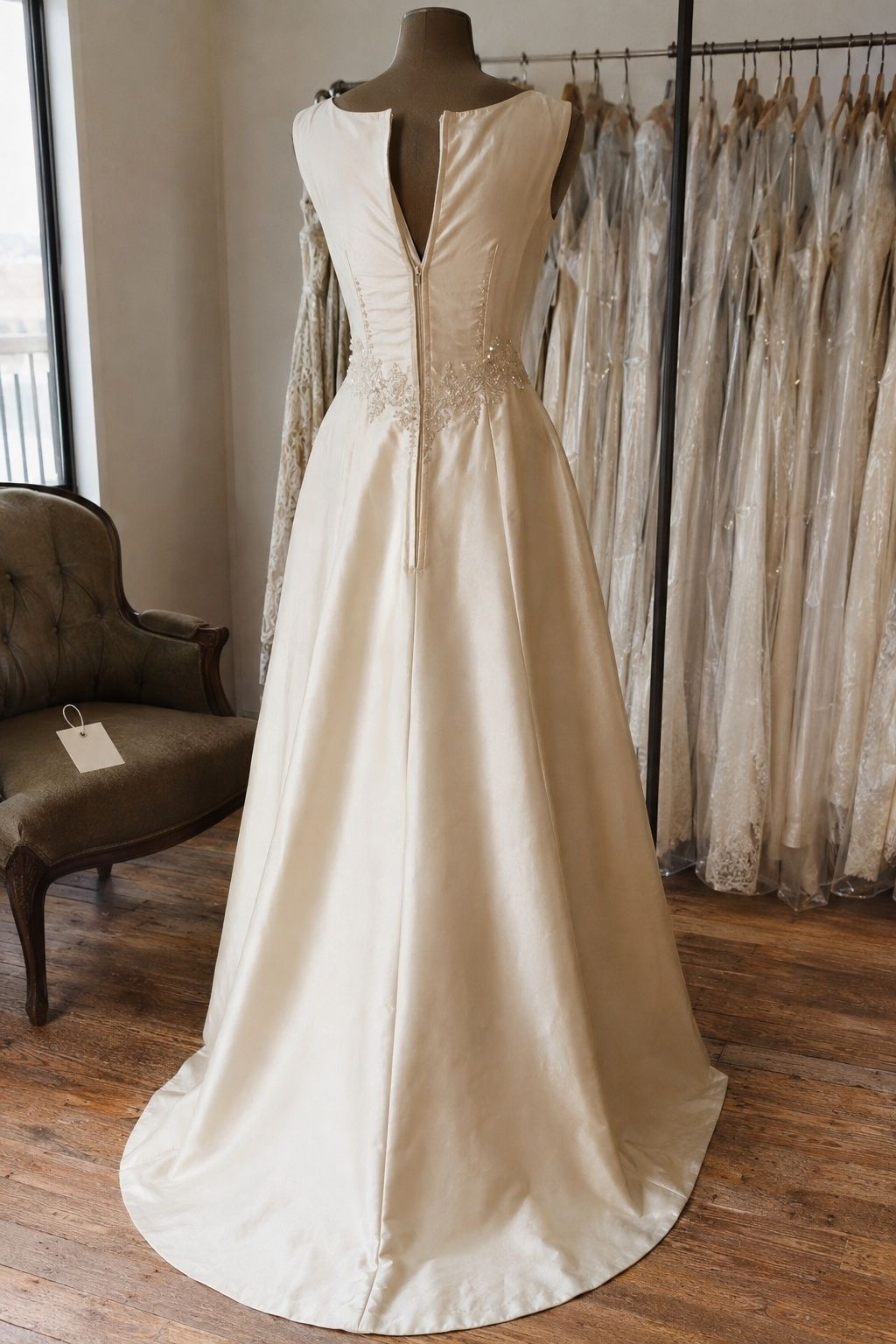 Secondhand 1990s designer-style wedding gown on a dress form in a bridal resale salon