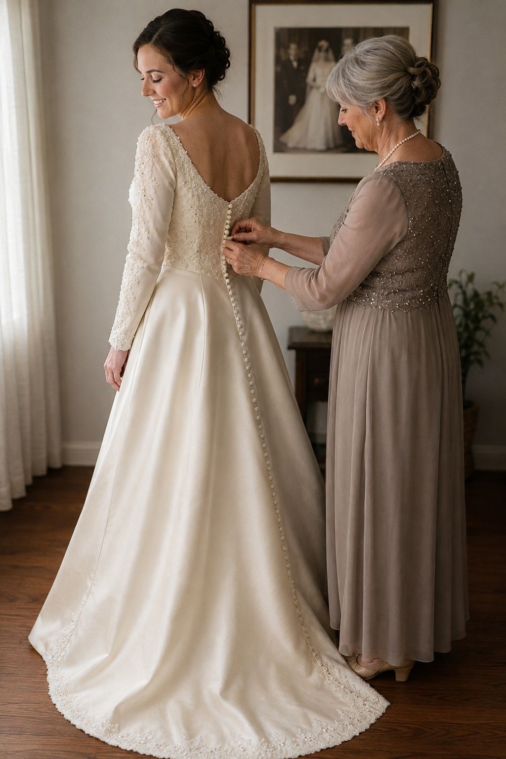 Family member fastening the covered buttons of an altered heirloom 1990s wedding dress