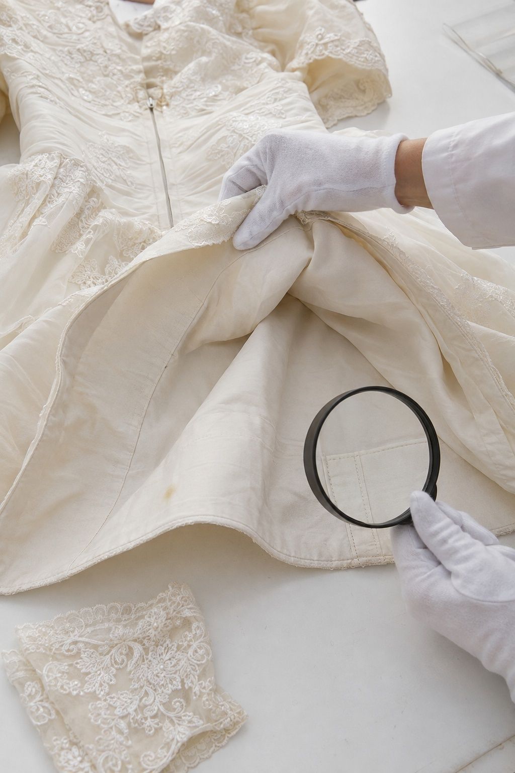 Cotton-gloved hands inspecting the hem lining lace zipper and seams of a vintage wedding gown
