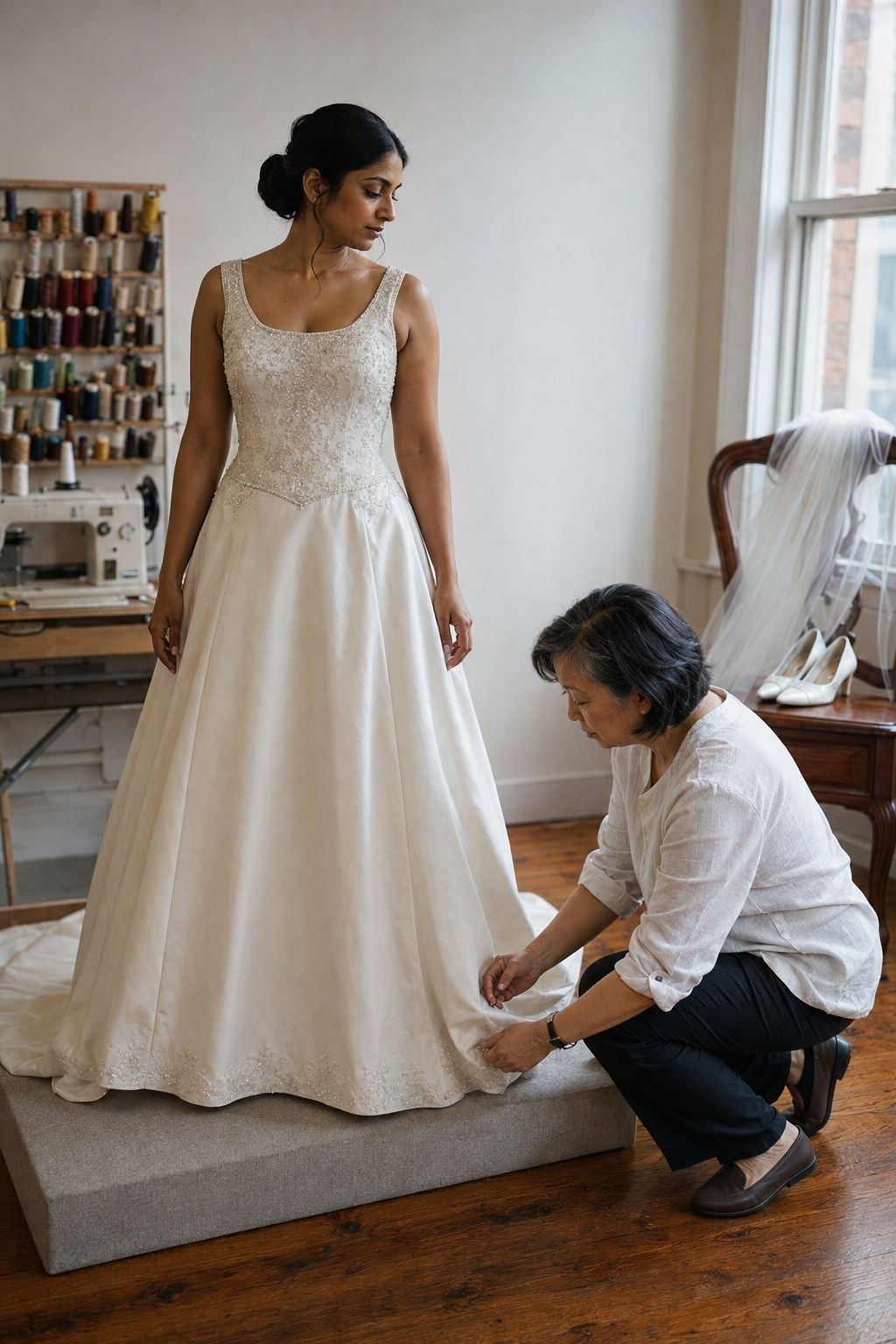 Bridal tailor pinning the hem of a 1990s wedding gown before the bride chooses veil and shoes