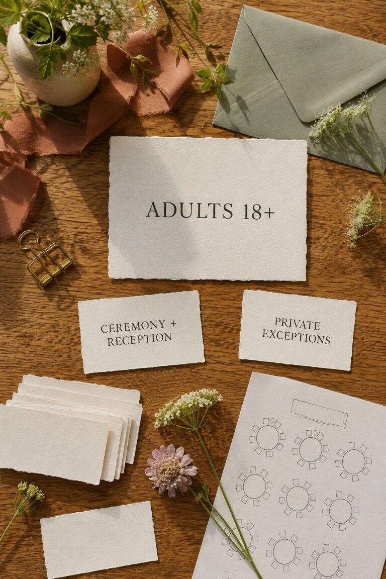Adults-only wedding policy cards for age limit ceremony reception and private exceptions