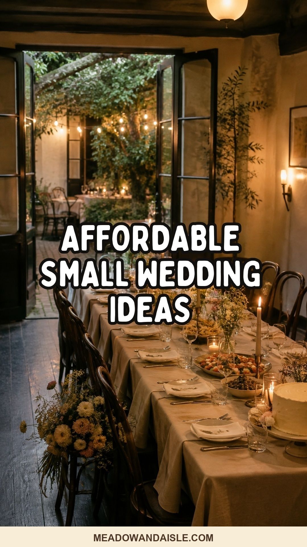 Affordable small wedding ideas Pinterest pin with an intimate candlelit long-table reception