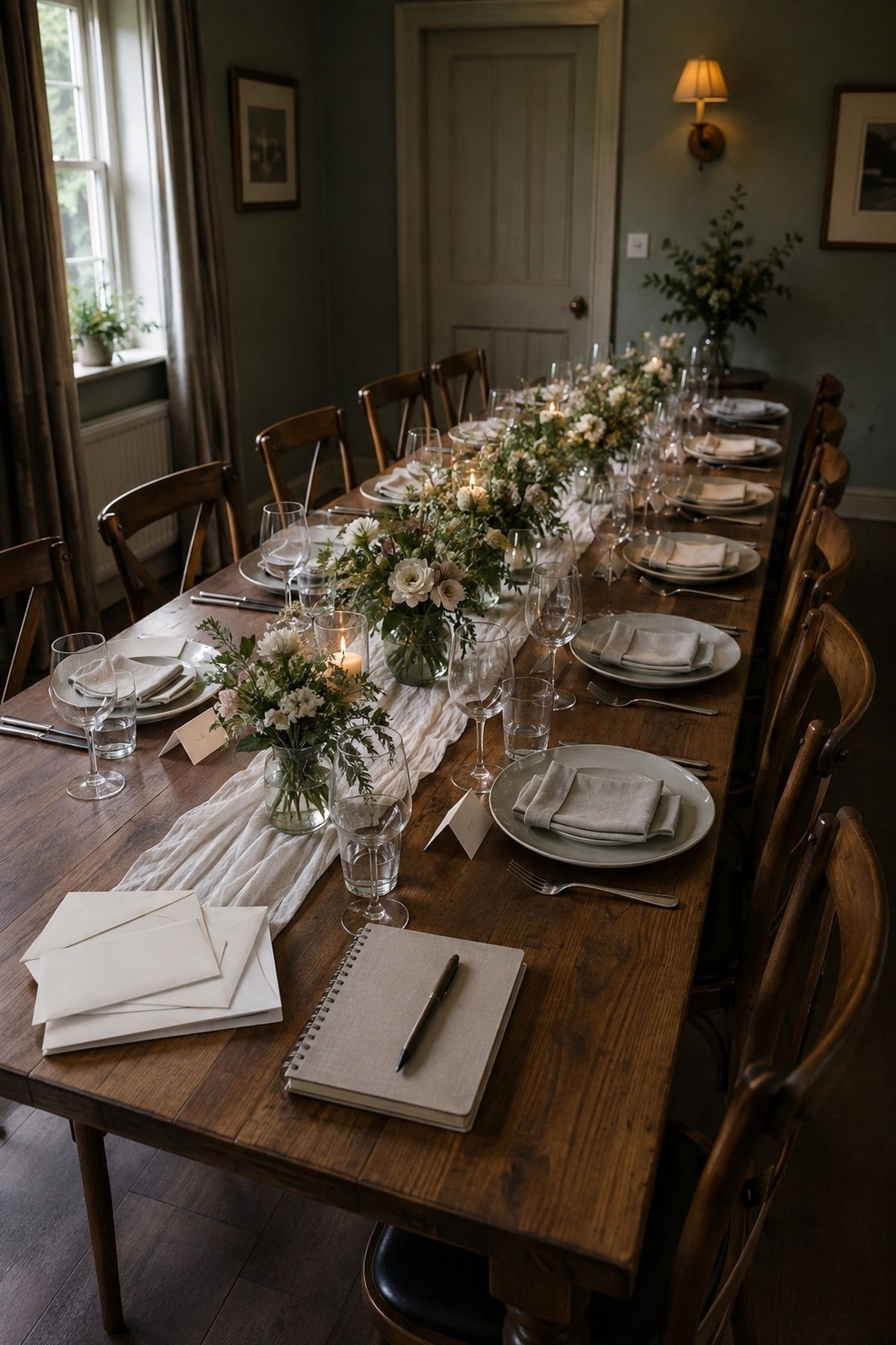 Long intimate wedding table set for about twenty guests with place cards and a guest-list notebook