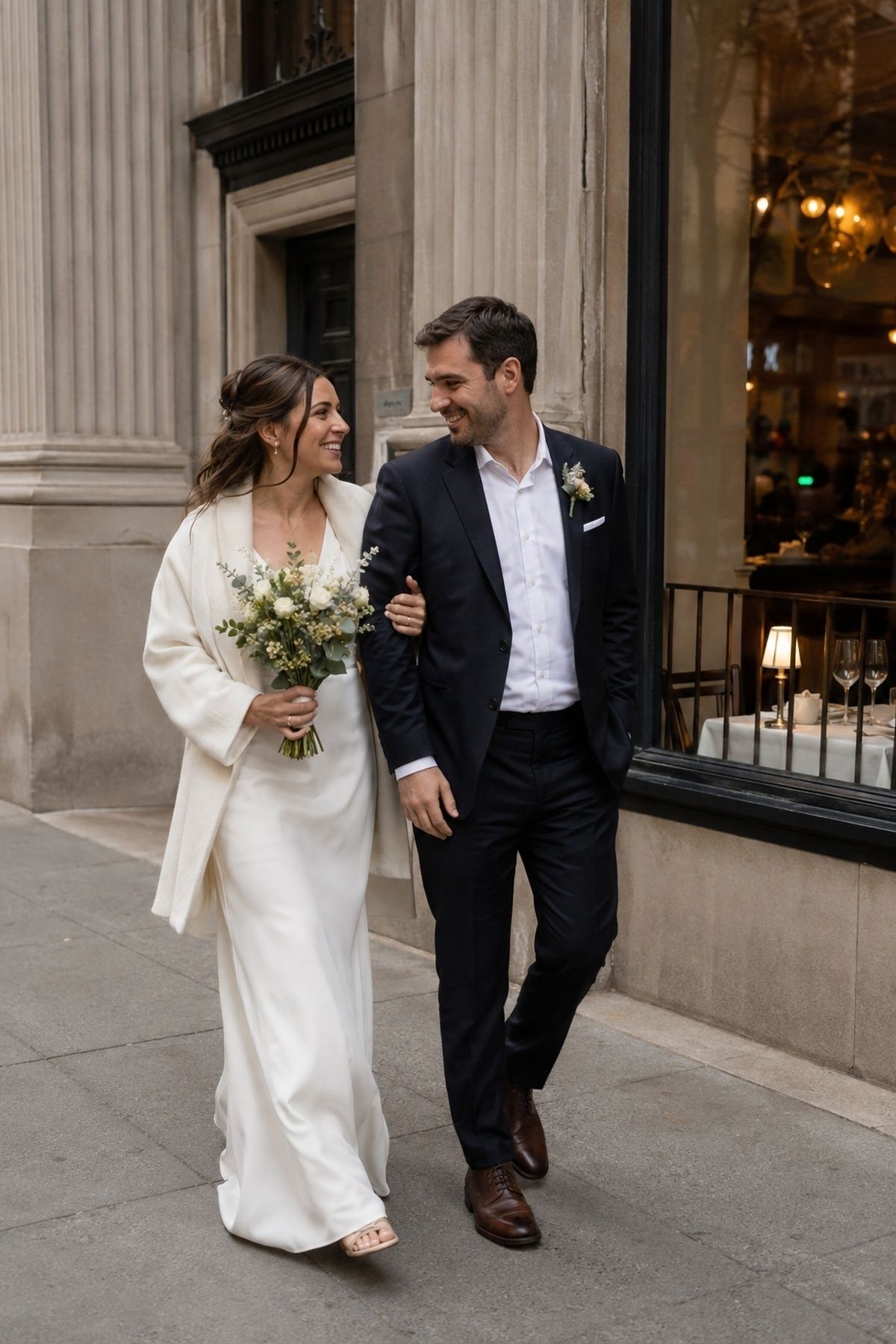 Newly married couple leaving city hall for an intimate restaurant wedding meal