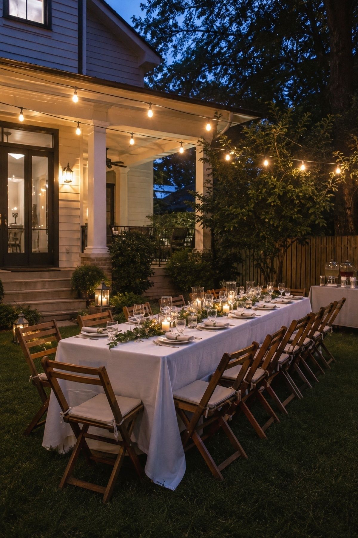 Affordable backyard wedding supper with existing patio seating, string lights, and a practical rain backup
